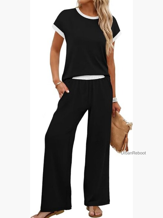 Pants - Two Piece Set with Wide Leg Pants and Tee